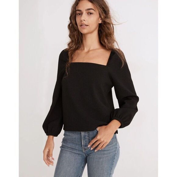 Madewell Women's Black Crepe Square-Neck Long Puff-Sleeve Top AI514 - SMALL - Picture 1 of 6
